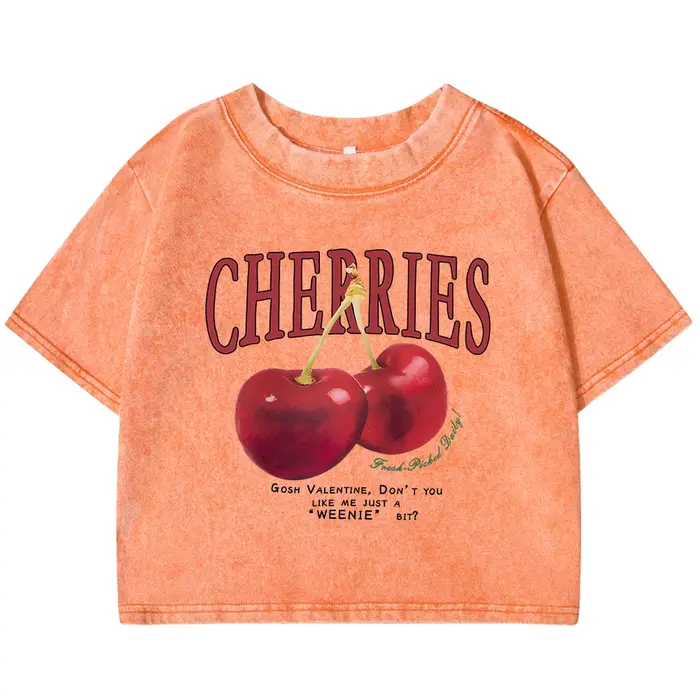 Cerises rouges lettre imprimé femme T-shirt mode été lavé vêtements décontracté coton haut court rét