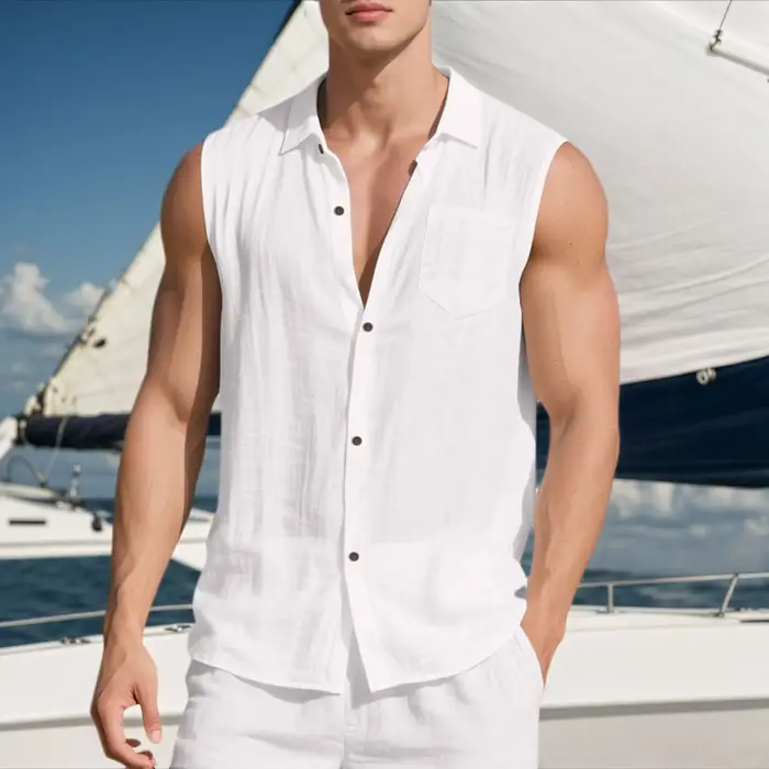 Chemise de plage décontractée sans manches en lin à col pour homme