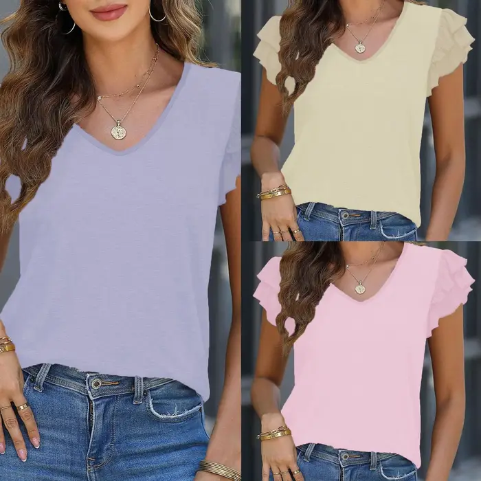 T-shirt à manches courtes pour femmes, style 2026, couleur unie, col en V, manches bouffantes, print