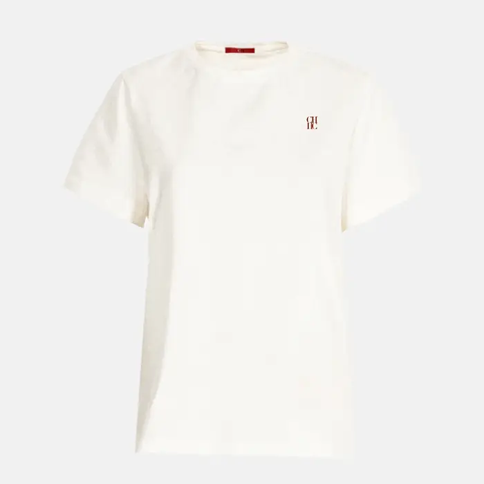 T-shirt à manches courtes blanc cassé pour femme, col rond, décontracté, avec broderie du logo CH ro