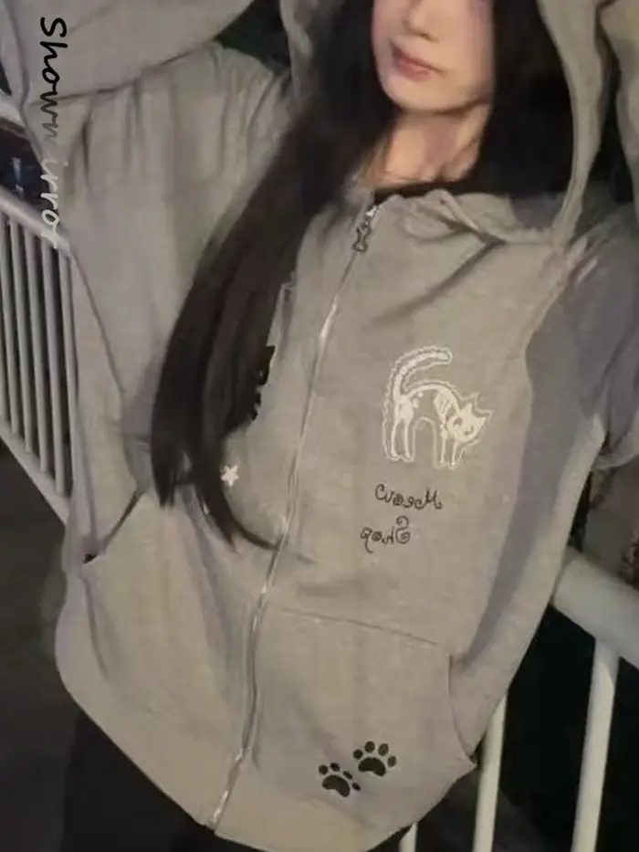 Sweat-shirt court gothique à capuche zippé pour femme