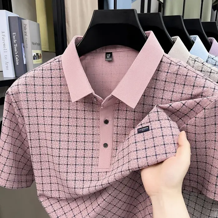 Polo homme à carreaux coupe décontractée avec col à revers