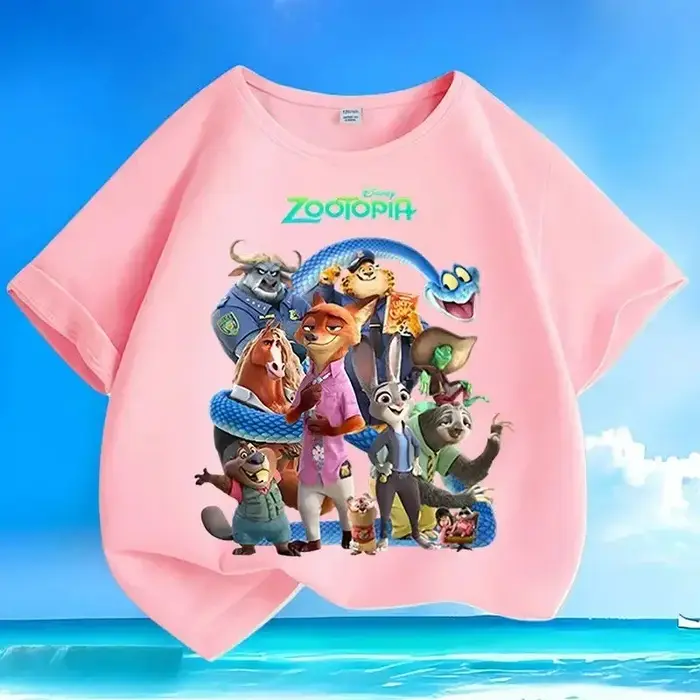 T-shirt pour enfants, design de dessin animé Zootopia, été 2026, pur coton, col rond, manches courte