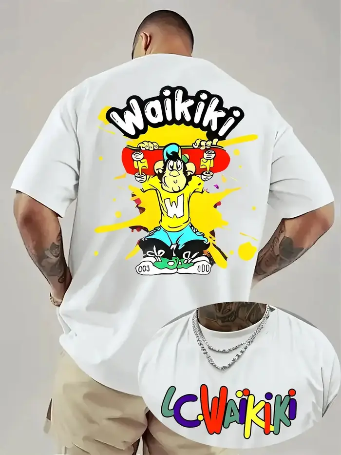 Waikiki T-shirt graphique pour hommes Bold Back Print Streetwear Tee Texture confortable