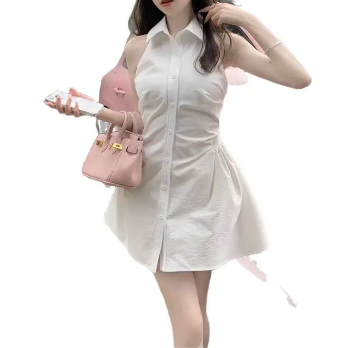 Robe Gilet Col Polo Femme Nouvelle Collection Été Taille Cintrée Rose Coupe Courte Évasée Style Décontracté avec Col Halter