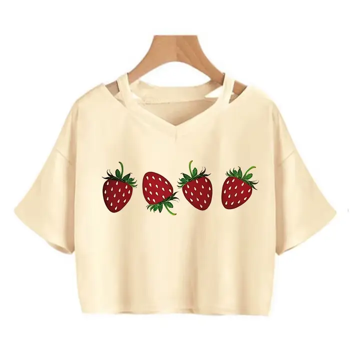 T-shirt court imprimé motif fraise, col rond, manches courtes, pour femme, vêtement décontracté printemps-été