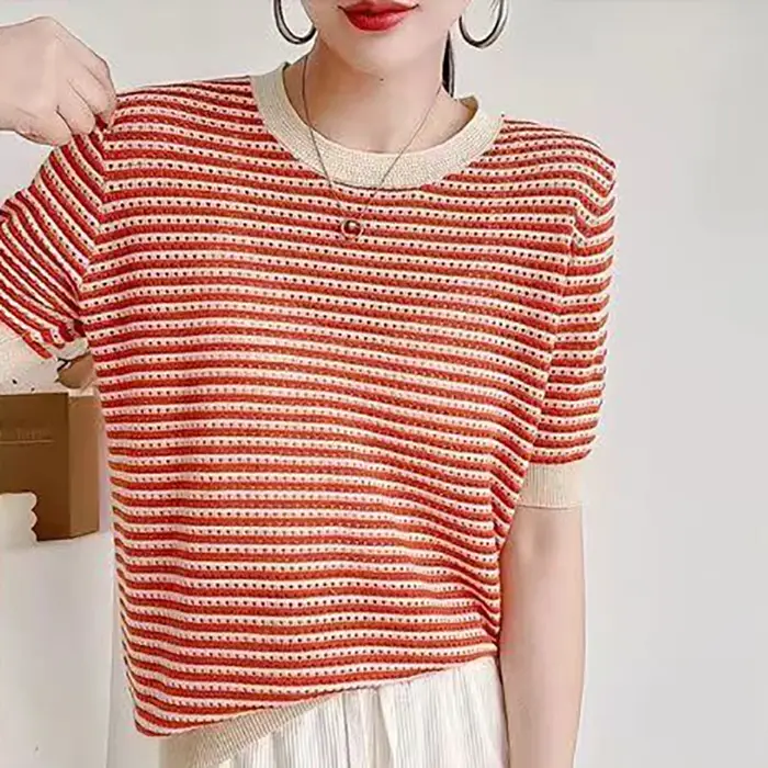 T-shirt Pour Femmes Tricoté Évider Mince Rayé