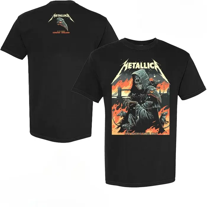 T-shirt Metallica M72 London 2026 avec les dates de la tournée mondiale des membres du groupe