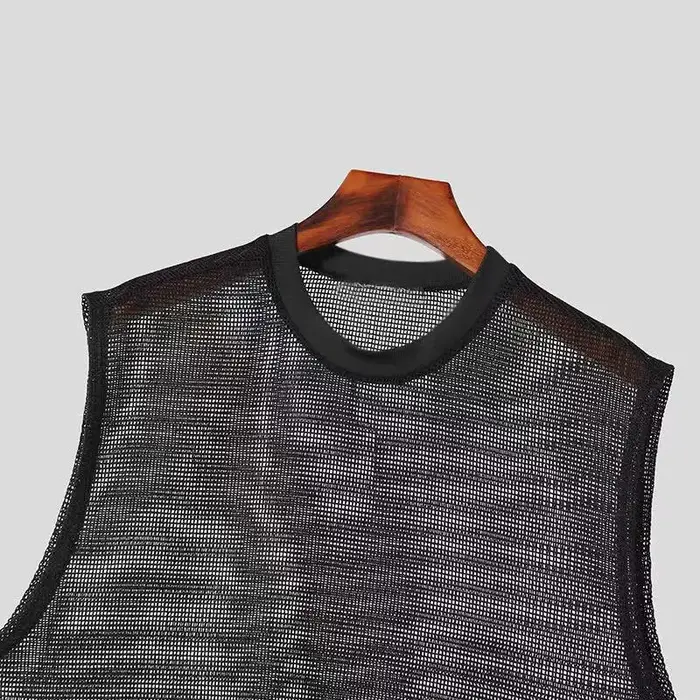 Mode hommes hauts réservoir creux Sexy maille pure Perspective gilet filet de pêche Muscle sans manches voir à travers les t-shirts pour homme