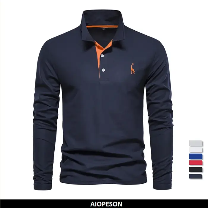 AIOPESON-Polo Brodé de Cerf à Manches sulfpour Homme, Vêtement Solide pour Document, Social et Busin