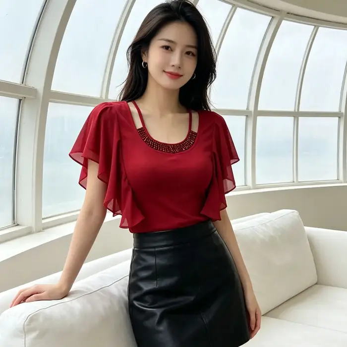 T-shirt rouge sexy à manches volantées pour femme