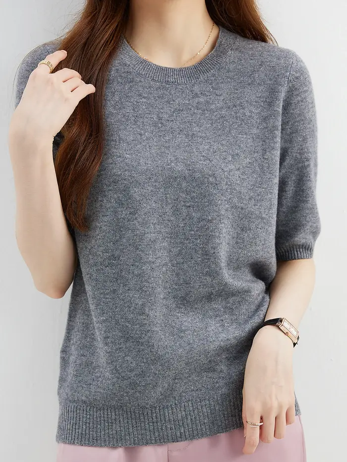 Pull ras du cou en laine mérinos pour femme, pull à manches courtes, pulls en tricot, vêtements fémi