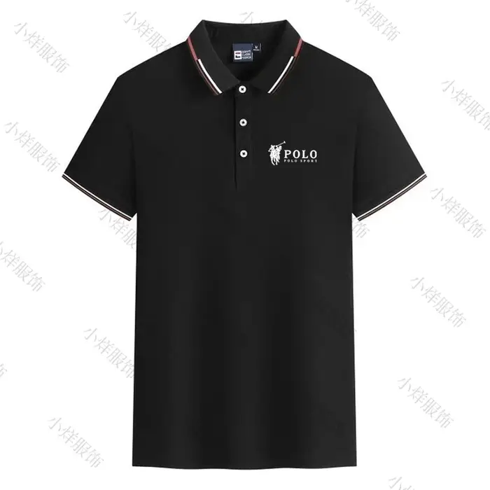 Polo pour homme à col rayé, logo cheval classique, manches courtes, décontracté, respirant, noir, pour le sport et le quotidien