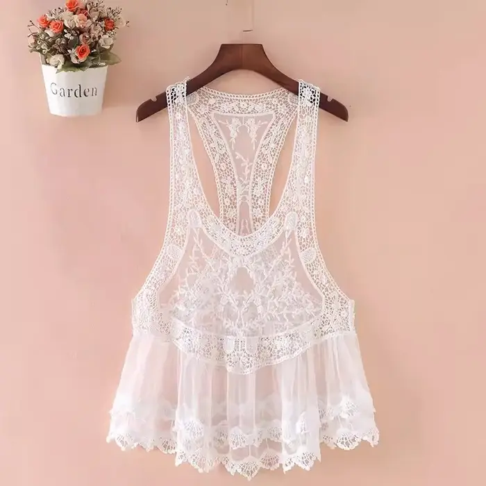 BOHO inspiré bohème Crochet dentelle dos nageur débardeur couvrir coton mélange été plage haut nouveau