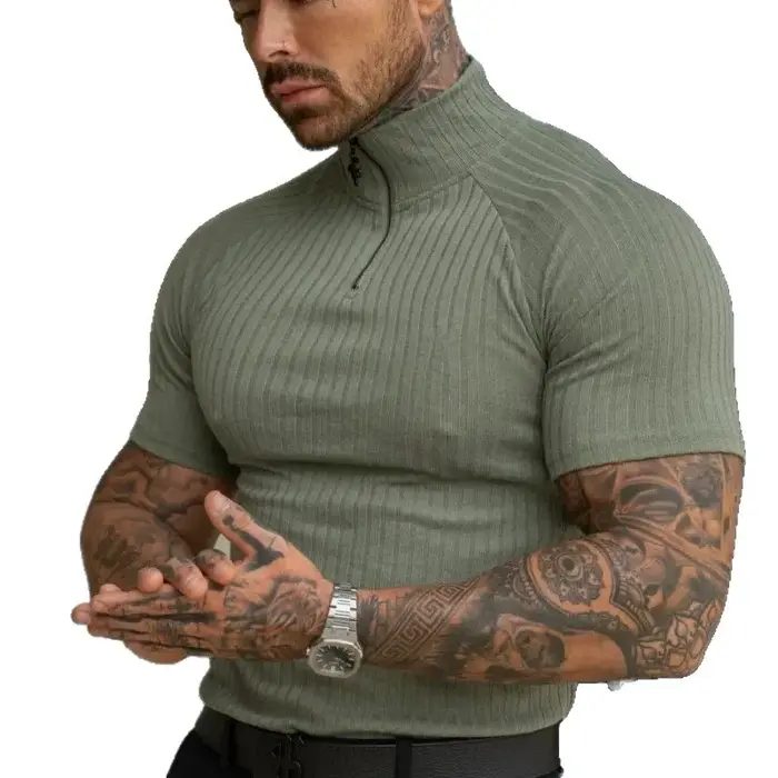 Polo élastique ajusté pour homme – T-shirt d'été tendance à col montant zippé