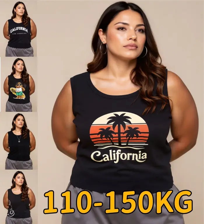Débardeur pour femmes grandes tailles, 100% coton, sans manches, imprimé, t-shirt décontracté d'été, style streetwear décontracté, haut à manches courtes pour les vacances
