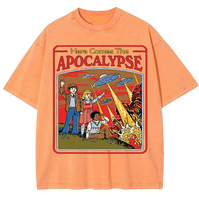 T-shirt vintage imprimé Apocalypse, style rétro délavé, pour homme, été, unisexe, en coton, tendance, effet délavé, confortable, doux, hauts pour homme