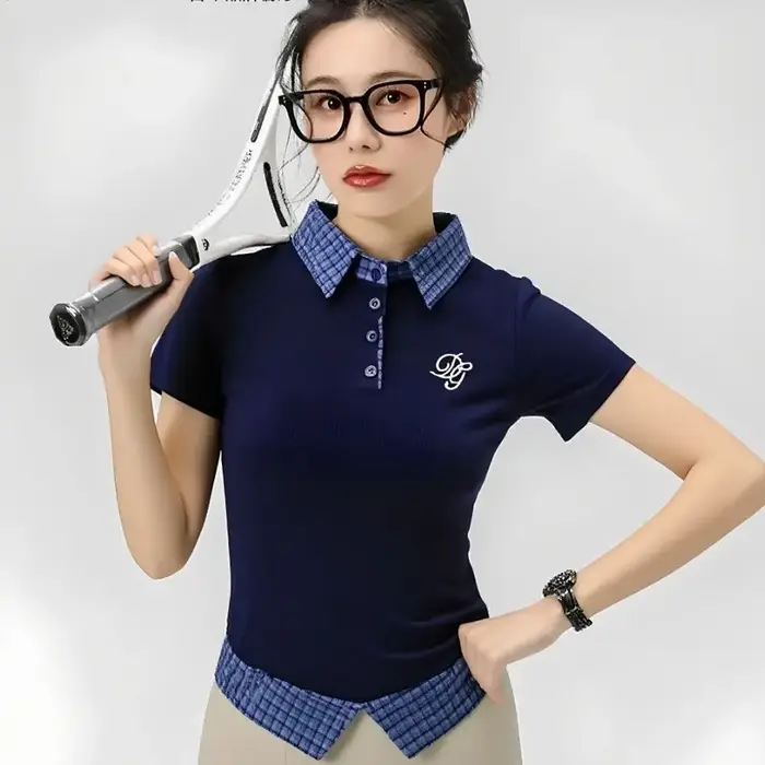T-shirts à col preppy pour femmes, design patchwork, manches courtes, à carreaux, coupe ajustée, déc