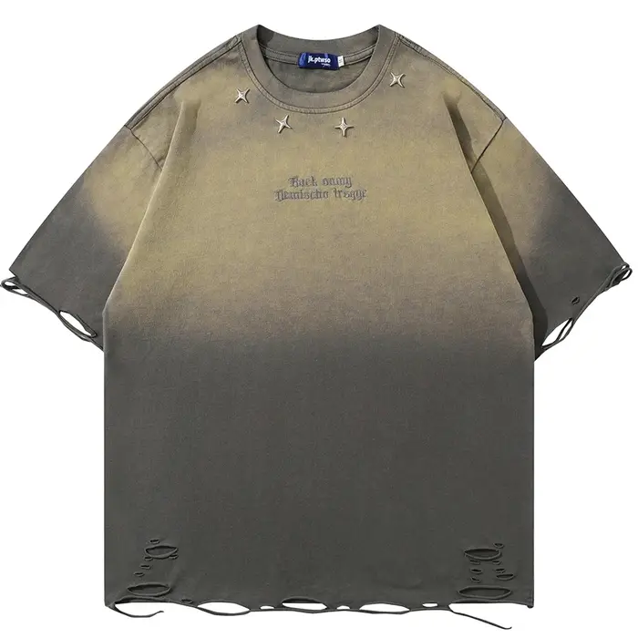 T-shirt Homme Vintage Déchiré Effet Vieilli avec Broderie Étoile Métallique