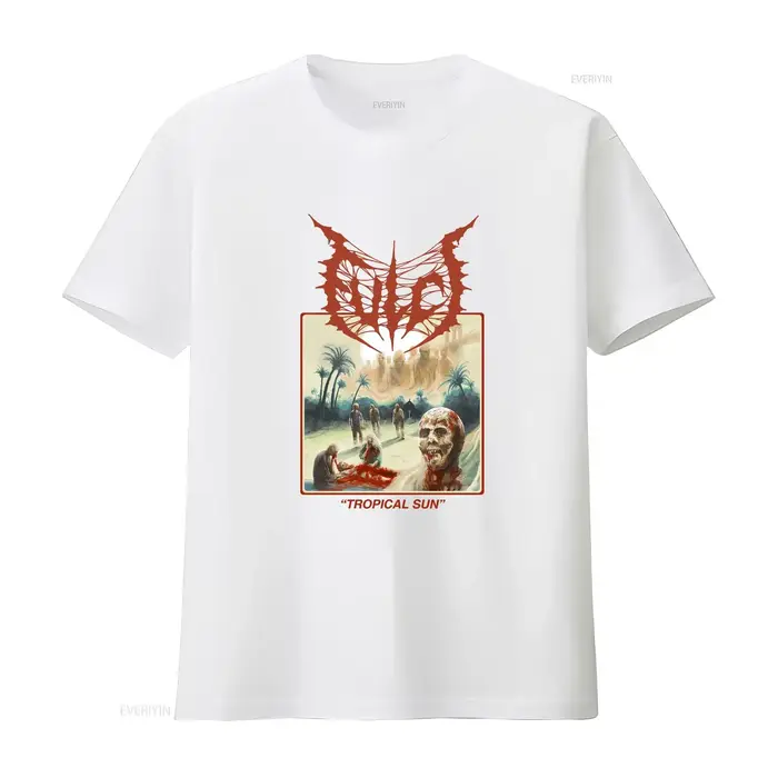 T-shirt unisexe Fulci blanc Tropical Sun couleur beige taille S à 3XL vintage lavé élégant vêtements graphiques stylés