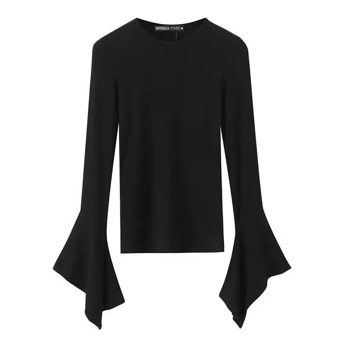 T-shirt noir à manches longues et col rond pour femme