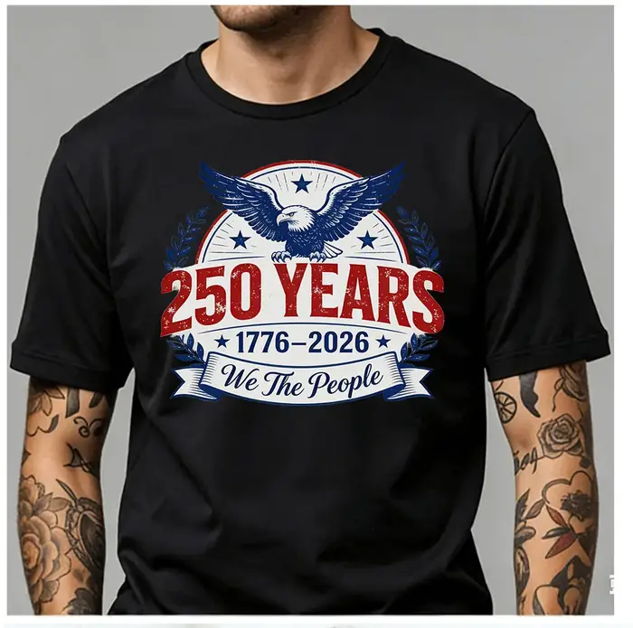 T-shirt patriotique pour homme avec transfert thermocollant USA 250 ans 1776-2026