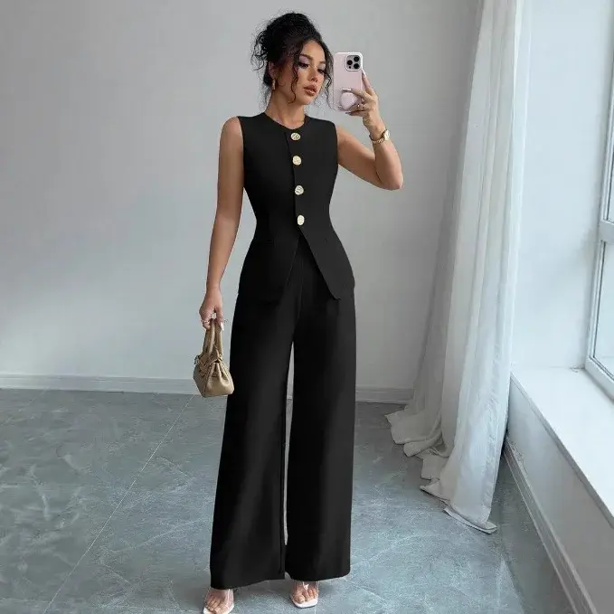 Ensemble chic pour femme 2026 : Gilet sans manches et pantalon large – Tenue de bureau élégante deux