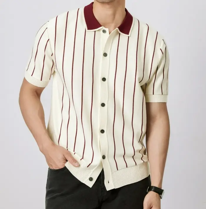 Polo rayé décontracté pour homme – Haut fin tricoté à col revers et manches courtes pour l'été