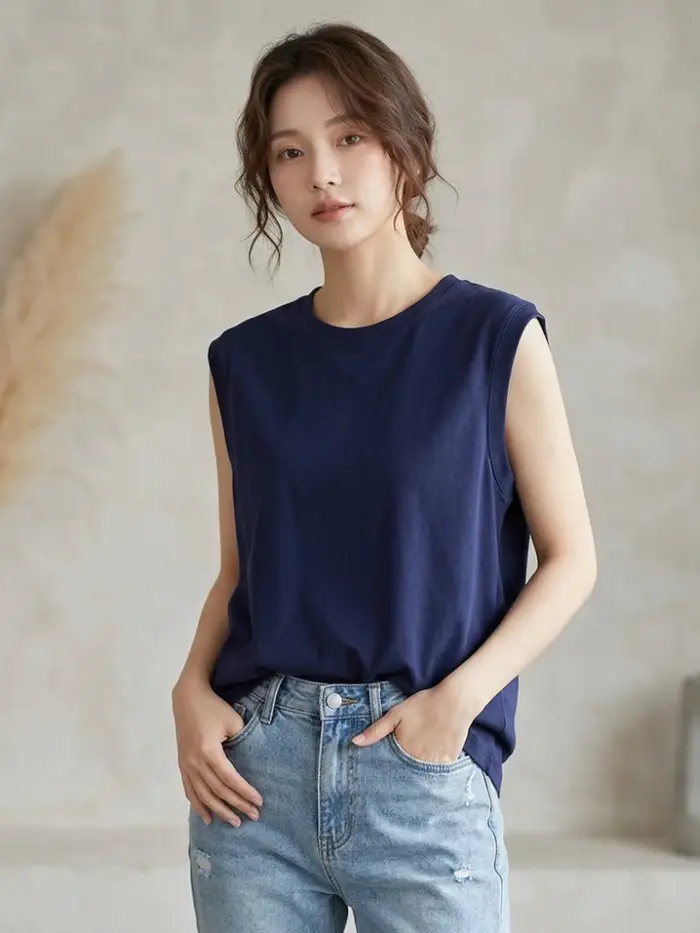 Débardeur Femme Été 2026 en Coton Col Rond Sans Manches Couleur Unie avec Poignets Côtelés Coupe Ample Décontractée Polyvalente
