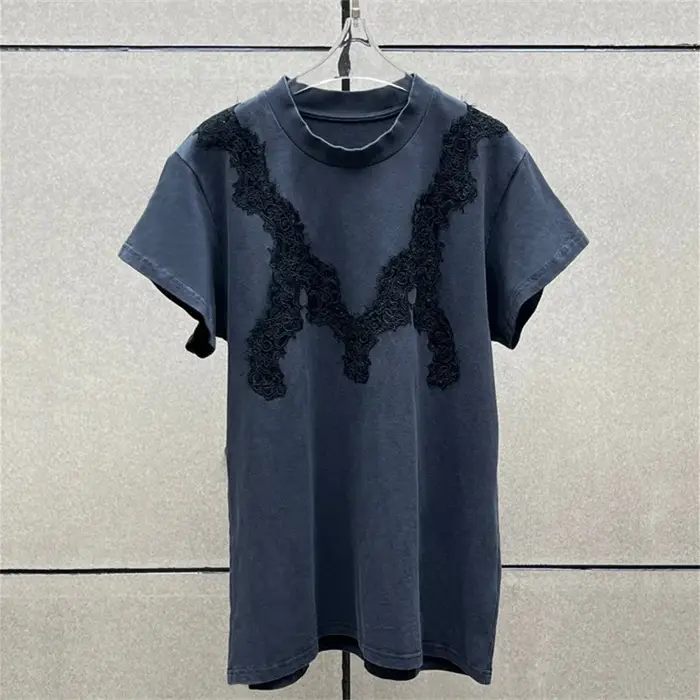 T-shirt pour femme, nouveau pull à col rond brodé de dentelle pour l'été 2026, haut à manches courte