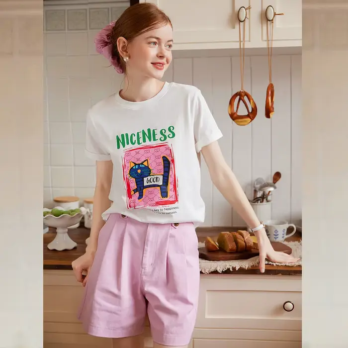LOUIS YAO T-shirt imprimé 2025 été décontracté coton motif chat manches courtes col rond ample femmes