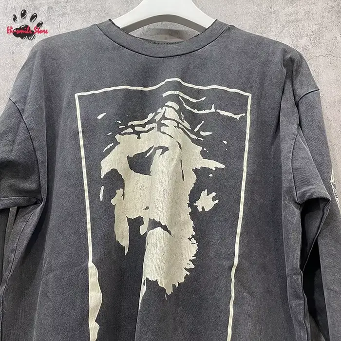 Nouveau lavé Saint à manches longues t-shirt hommes femme surdimensionné décontracté Couple printemps été endommagé col