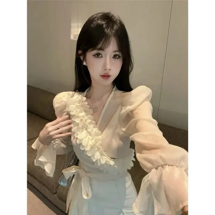 Chemise française en mousseline de soie à manches bouffantes pour femmes, petit haut français à col en v, pur désir, belles chemisiers, été