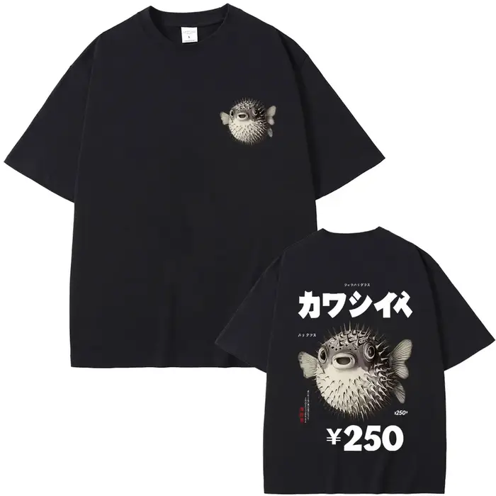 T-shirt graphique Fugu Puffer Fish Ramen pour hommes et femmes, T-shirt drôle de style japonais Vint
