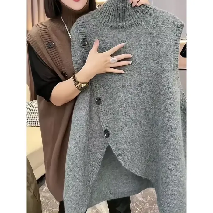 Femmes sans manches longs pull gilets Vintage irrégulière épissé bouton tricots vêtements d'extérieur pulls élégant col