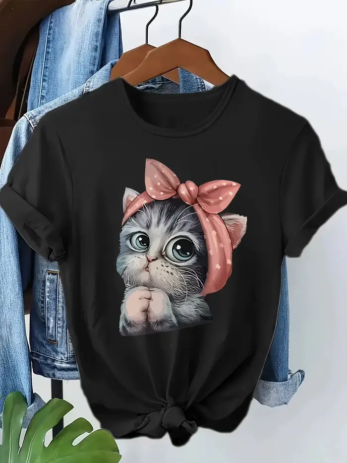 T-shirt pour femme avec motif chat kawaii et nœud, style rétro années 90, Harajuku, dessin animé, dé