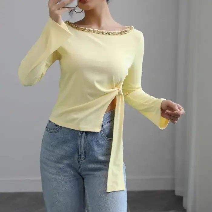 2025 femmes haut à paillettes cravate taille ourlet irrégulier moulante ajusté T-Shirt décontracté fête Blouse automne glamour Streetwear