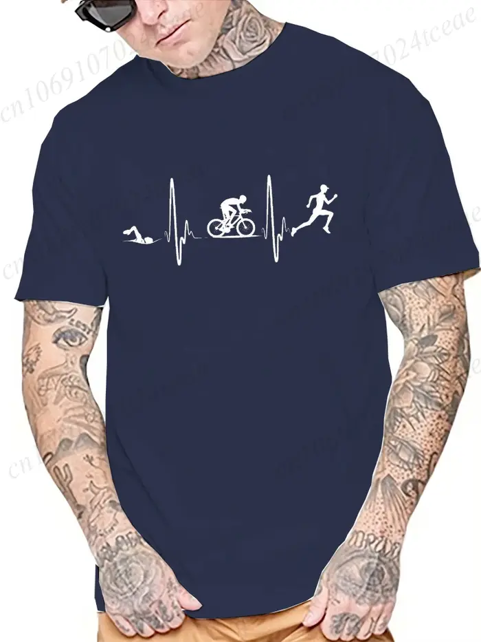 Hommes mode t-shirt décontracté hauts Cool drôle Triathlon battement de coeur conception impression