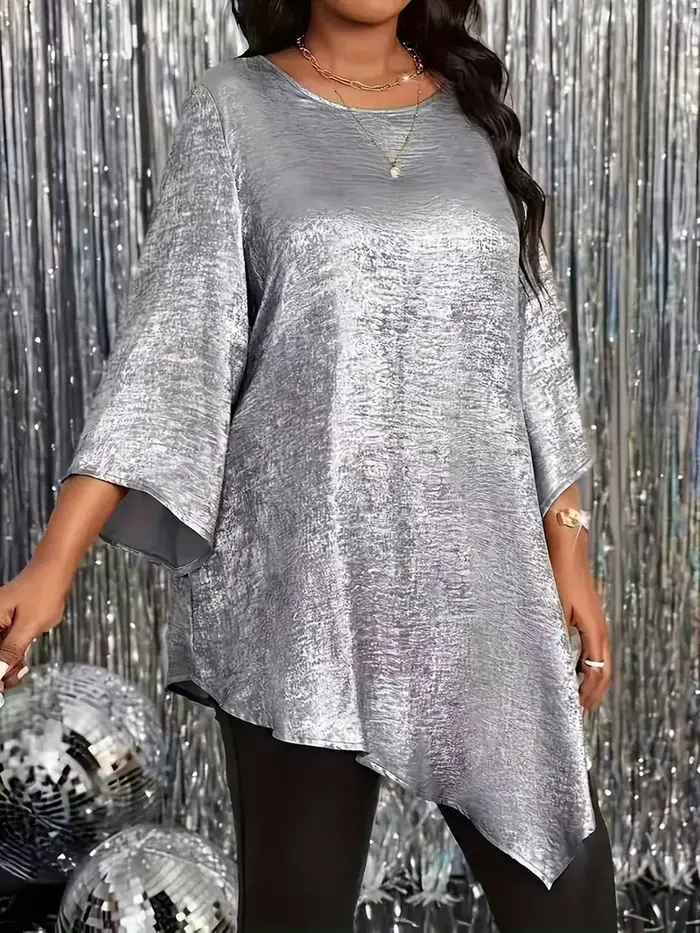 Haut pour femmes grandes tailles, manches longues, ourlet asymétrique, vêtement décontracté tendance pour tous les jours, idéal pour les week-ends