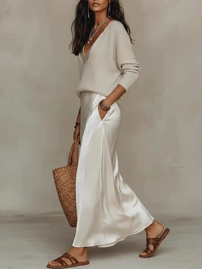 Robe en satin sans manches à col halter avec hauts tricotés