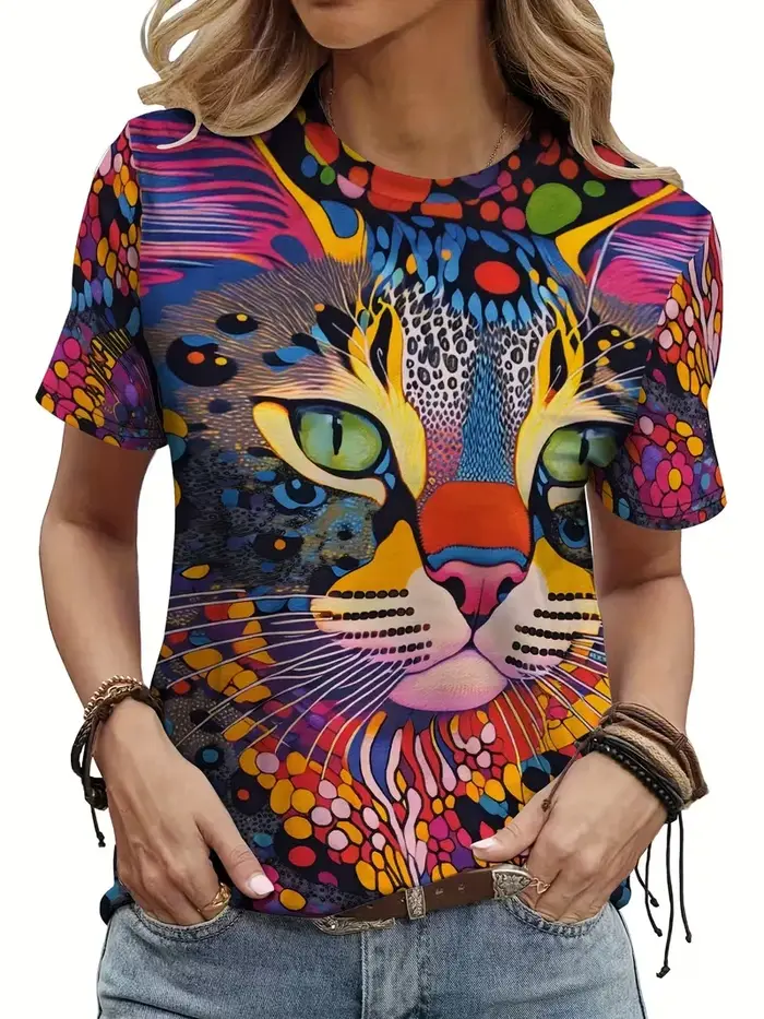 T-shirts Kawaii Chaton Imprimé 3D Animaux Femme Décontracté Manches Courtes Col Rond T-shirt Harajuku Y2K Hauts Vêtements Féminins