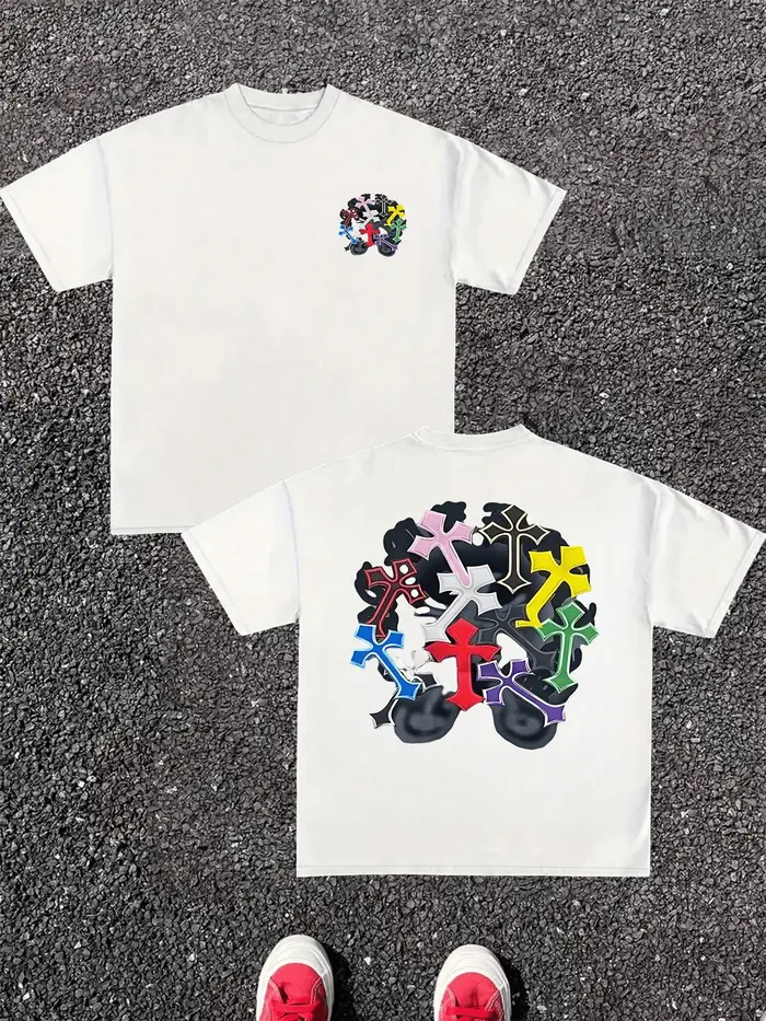 T-shirt pour homme en pur coton, impression numérique double face avec croix colorées, graphique uni