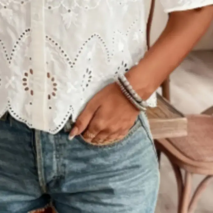 Femmes blanc chemise élégante mode crochet fleur creux à manches courtes hauts chemises