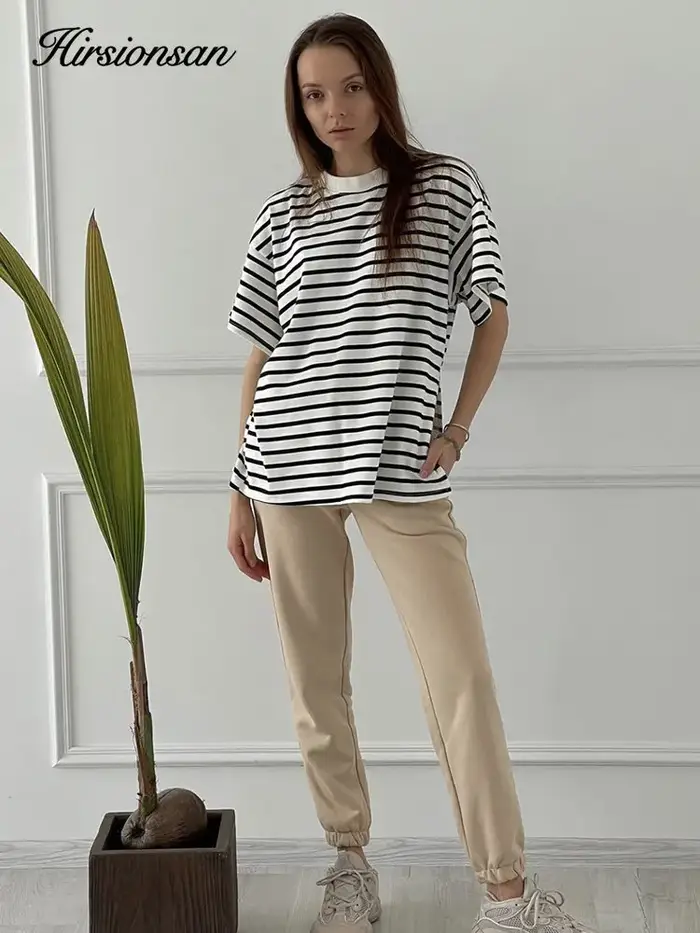 Hirsionsan – t-shirt oversize 100% coton pour femme, ample, rayé, fendu, décontracté, basique, été, 
