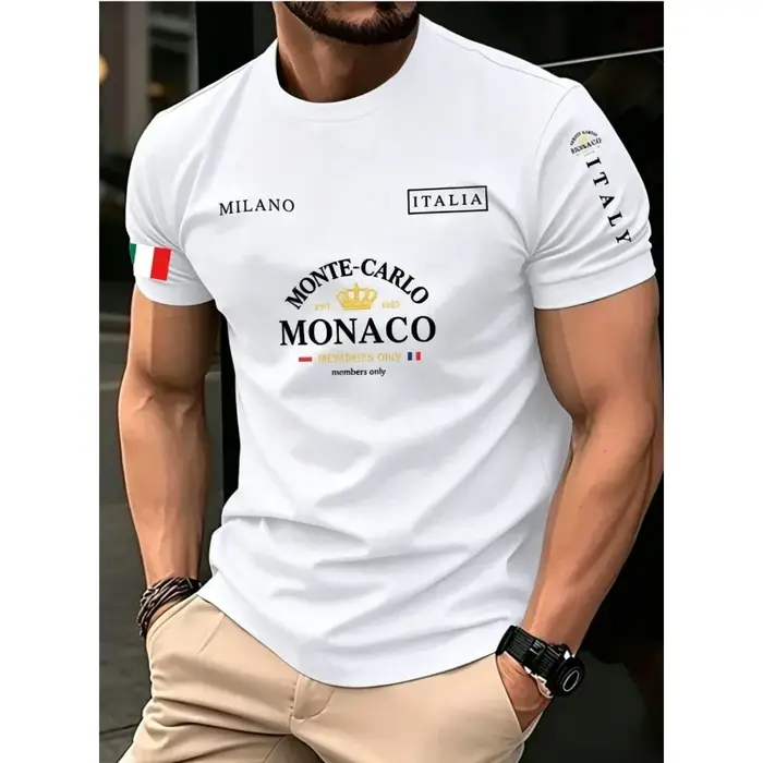 Nouveau T-shirt unisexe 2026 à col rond en pur coton, imprimé drapeau de Monaco, coupe ample décontr