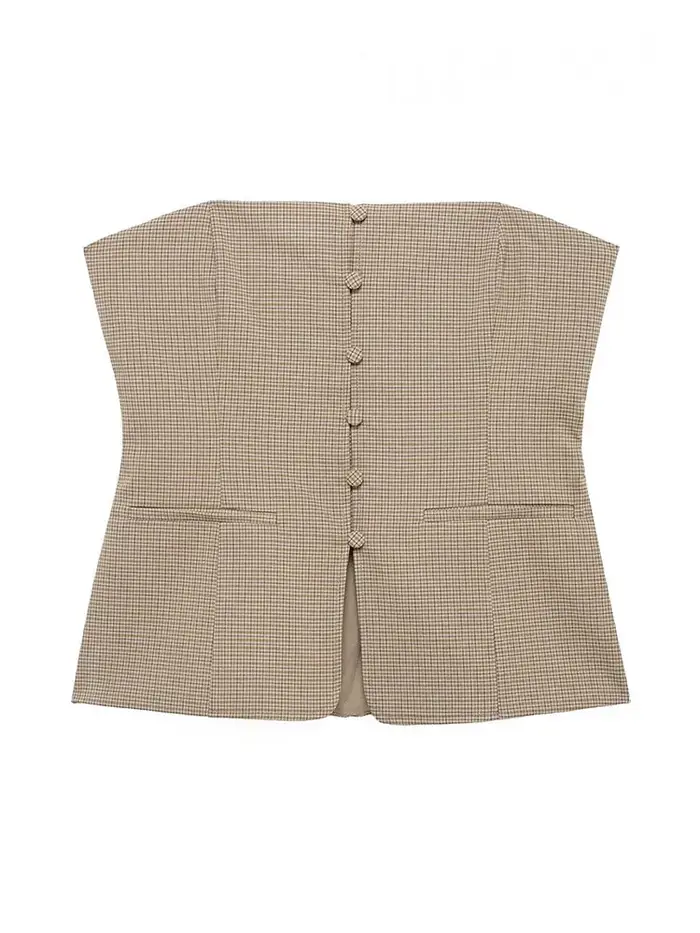 HH femmes été élégant épaules dénudées hauts courts femme mode vichy simple boutonnage poche décorer haut sans manches Mujer