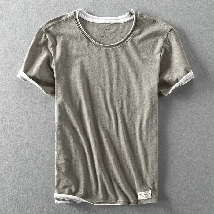 Faux deux T-shirts pour hommes rétro mode été coton couleur unie à manches courtes hauts mâle décontracté Simple mince blanc t-shirt vêtements