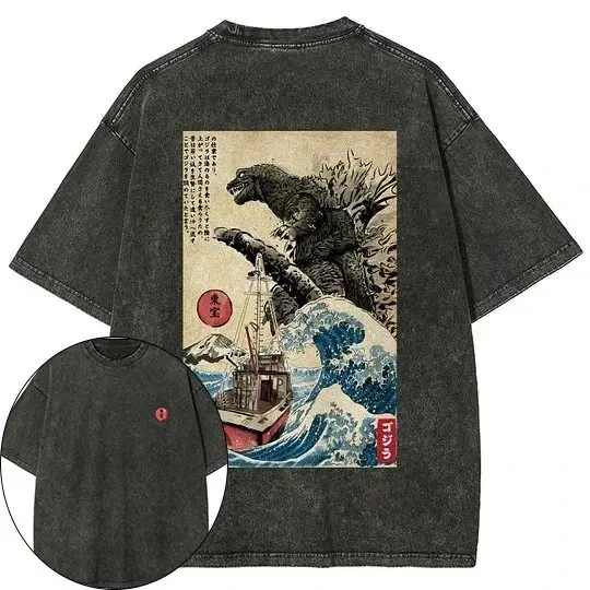 Godzilla japonais Anime hommes et femmes T-shirts pur coton lavé vieux rétro Y2k Harajuku surdimensionné décontracté manches courtes