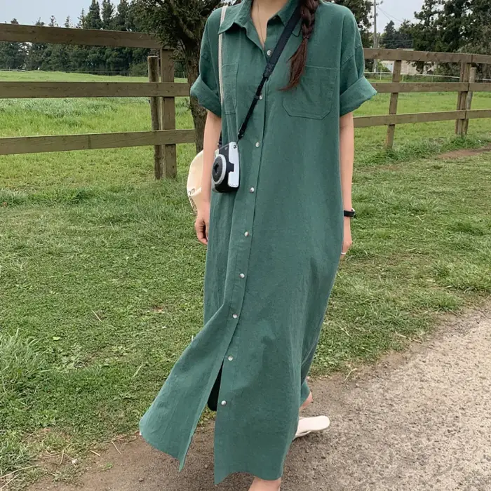 Robe chemise pour femme, idéale pour le quotidien, été, manches longues ou courtes, longueur genou, jupe longue