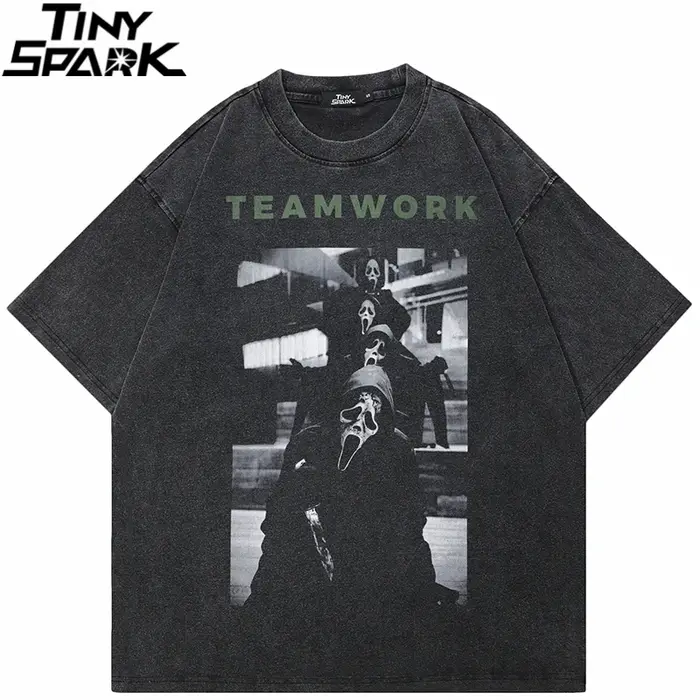 Rétro Vintage lavé noir T-Shirt Streetwear graphique travail d'équipe crâne fantôme